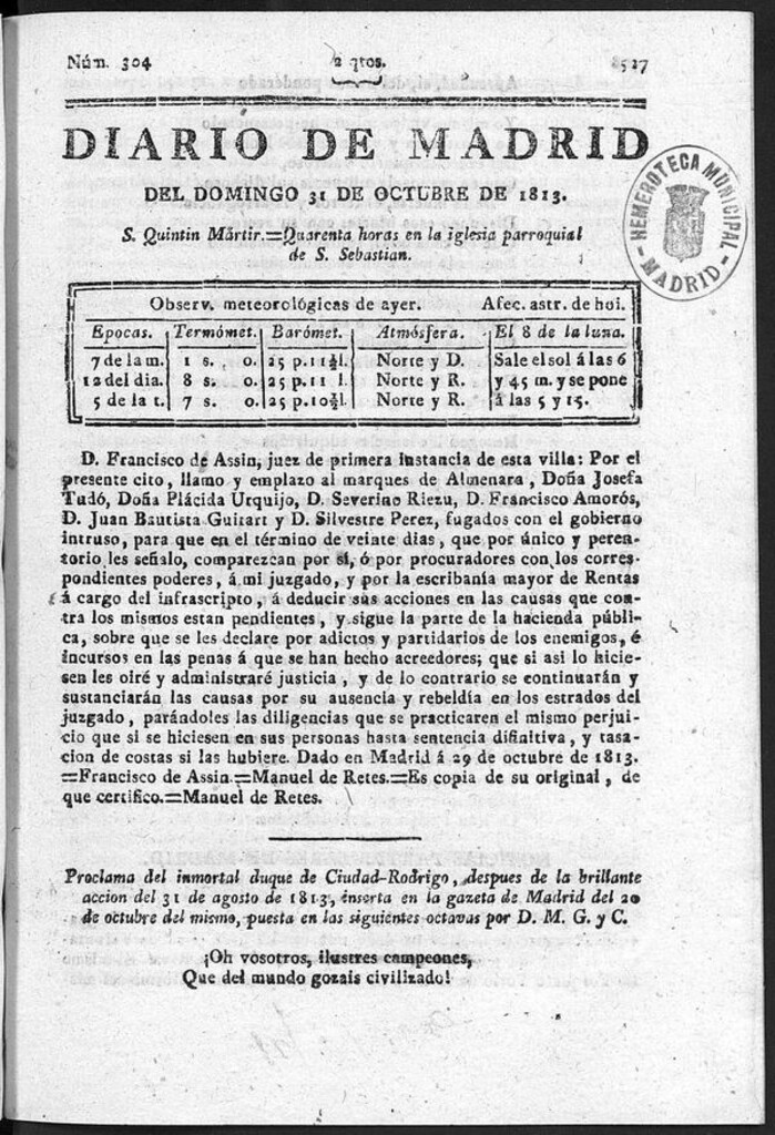 Miniatura de Diario de Madrid del domingo 31 de Octubre de 1813