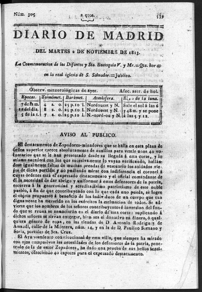 Miniatura de Diario de Madrid del martes 2 de Noviembre de 1813