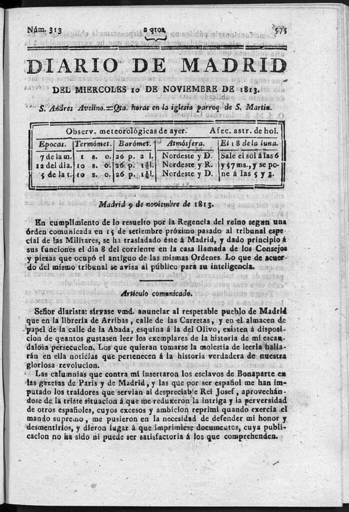 Miniatura de Diario de Madrid del miércoles 10 de Noviembre de 1813