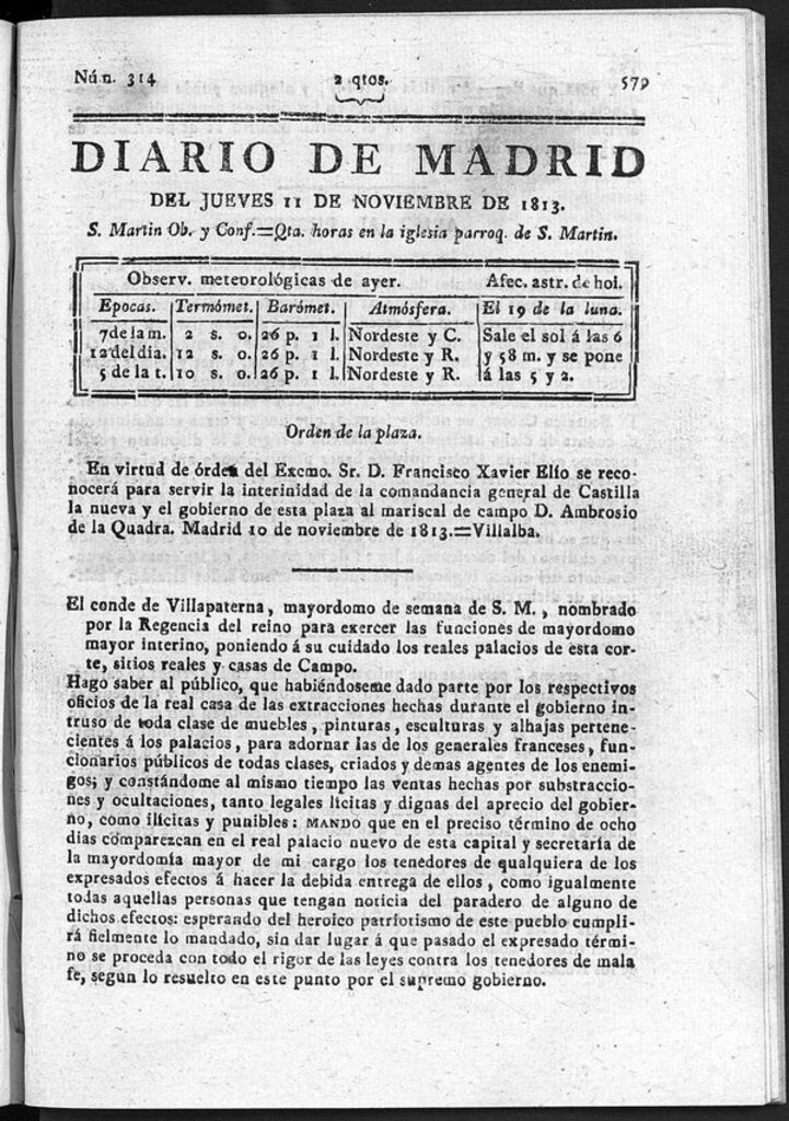 Miniatura de Diario de Madrid del jueves 11 de Noviembre de 1813