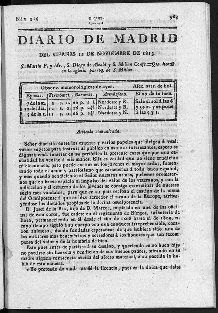 Miniatura de Diario de Madrid del viernes 12 de Noviembre de 1813