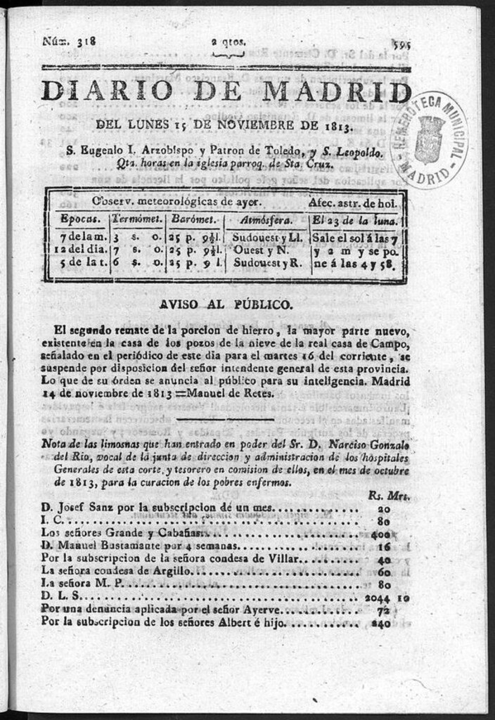 Miniatura de Diario de Madrid del lunes 15 de Noviembre de 1813