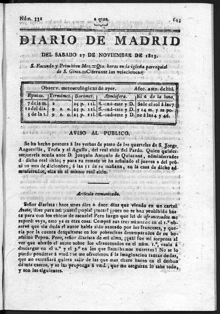 Miniatura de Diario de Madrid del sábado 27 de Noviembre de 1813