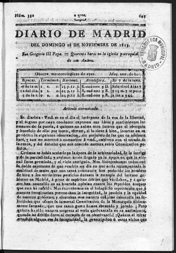 Miniatura de Diario de Madrid del domingo 28 de Noviembre de 1813