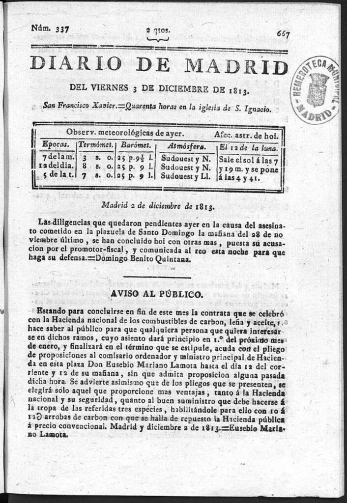 Miniatura de Diario de Madrid del viernes 3 de Diciembre de 1813