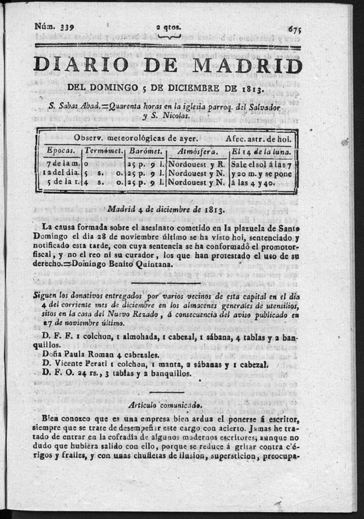 Miniatura de Diario de Madrid del domingo 5 de Diciembre de 1813
