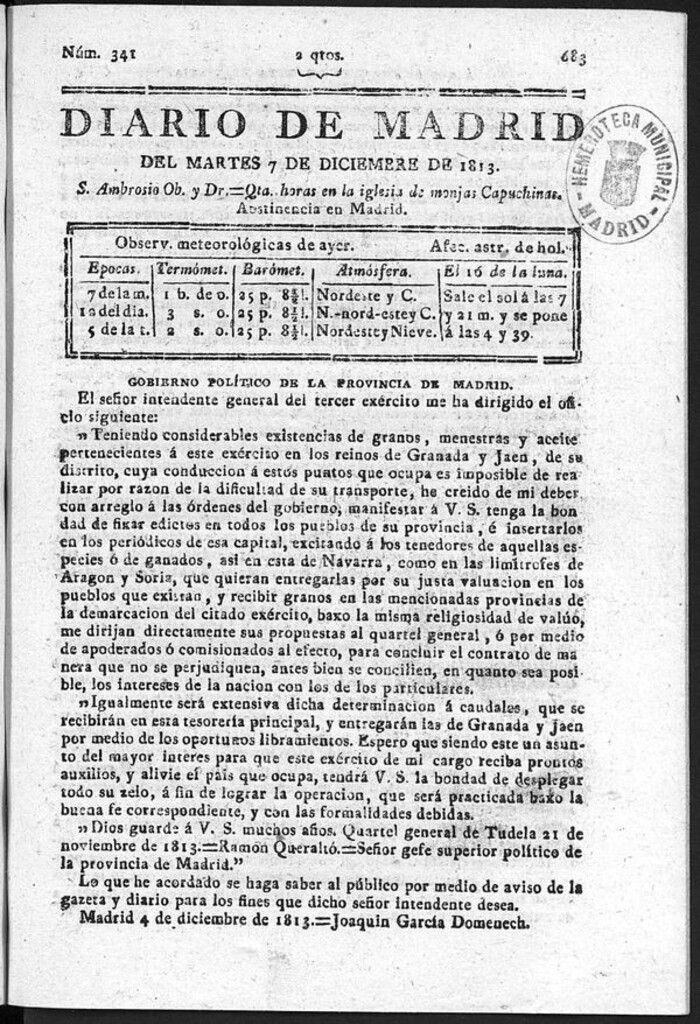 Miniatura de Diario de Madrid del martes 7 de Diciembre de 1813