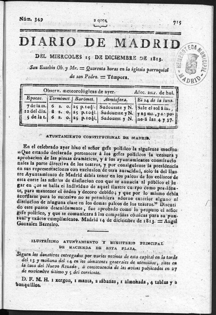 Miniatura de Diario de Madrid del miércoles 15 de Diciembre de 1813