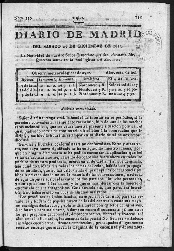 Miniatura de Diario de Madrid del sábado 25 de Diciembre de 1813