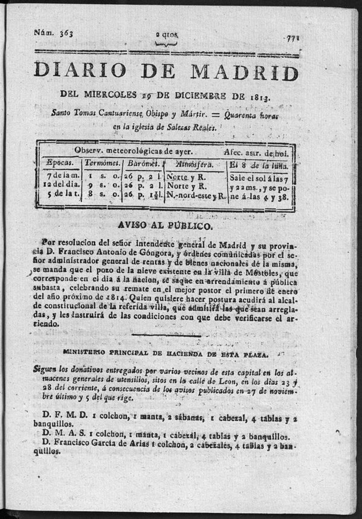 Miniatura de Diario de Madrid del miércoles 29 de Diciembre de 1813