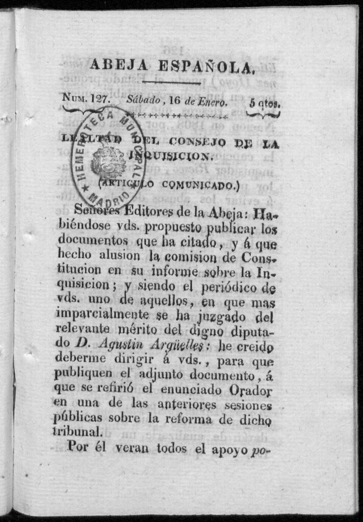 Miniatura de Abeja Española del sábado 16 de enero de 1813