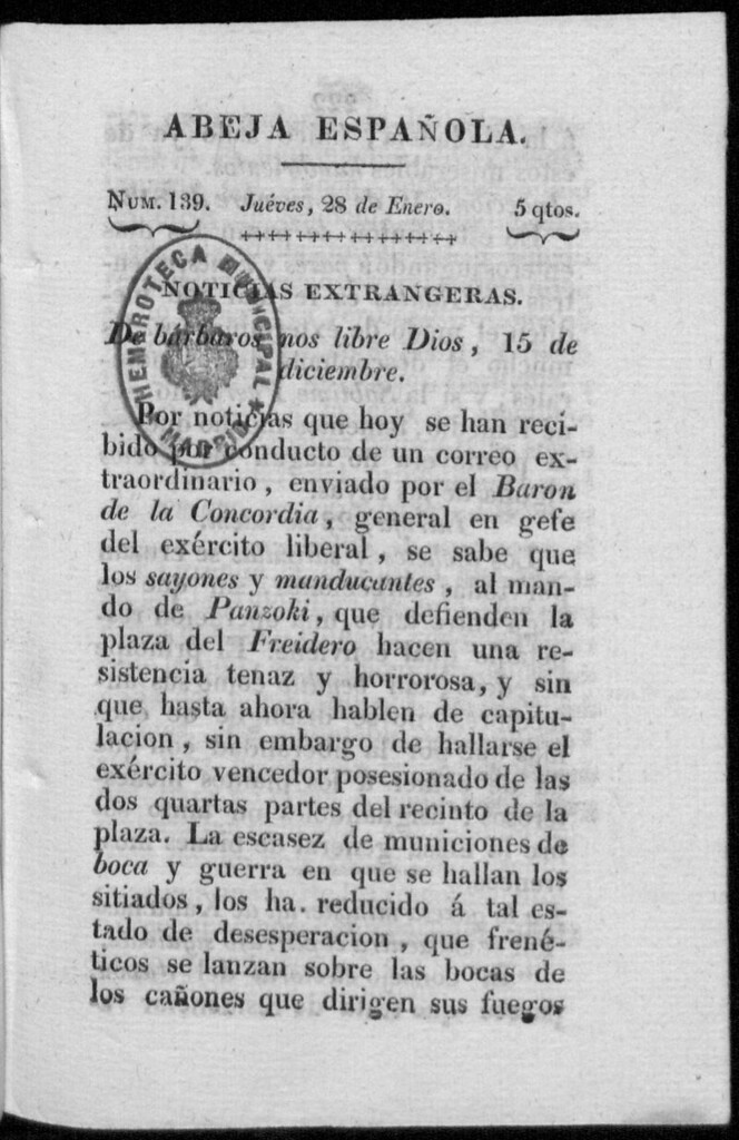 Miniatura de Abeja Española del jueves 28 de enero de 1813