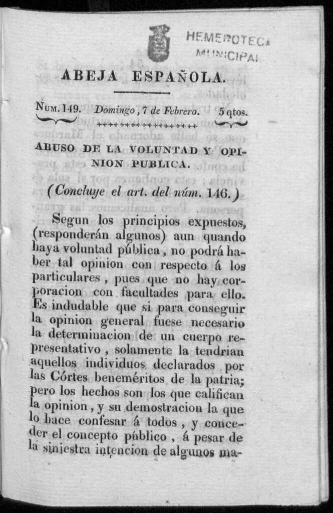 Miniatura de Abeja Española del domingo 7 de febrero de 1813