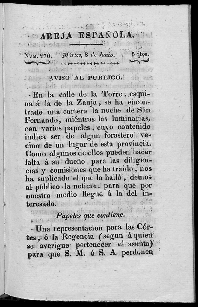 Miniatura de Abeja Española del martes 8 de junio de 1813