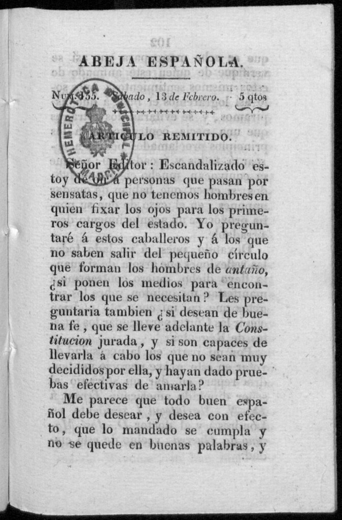 Miniatura de Abeja Española del sábado 13 de febrero de 1813