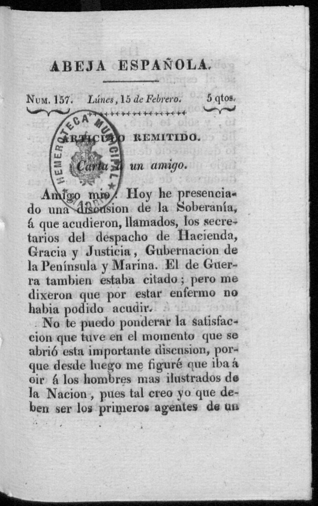 Miniatura de Abeja Española del lunes 15 de febrero de 1813