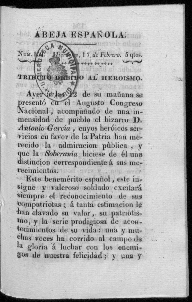 Miniatura de Abeja Española del miércoles 17 de febrero de 1813