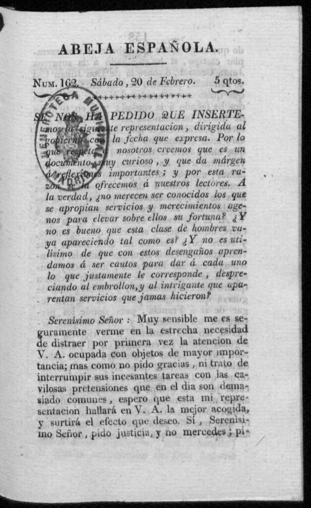 Miniatura de Abeja Española del sábado 20 de febrero de 1813