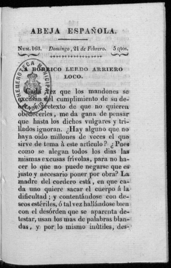Miniatura de Abeja Española del domingo 21 de febrero de 1813