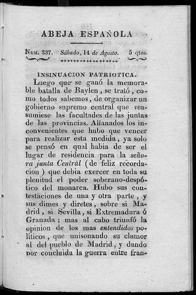 Miniatura de Abeja Española del sábado 14 de agosto de 1813