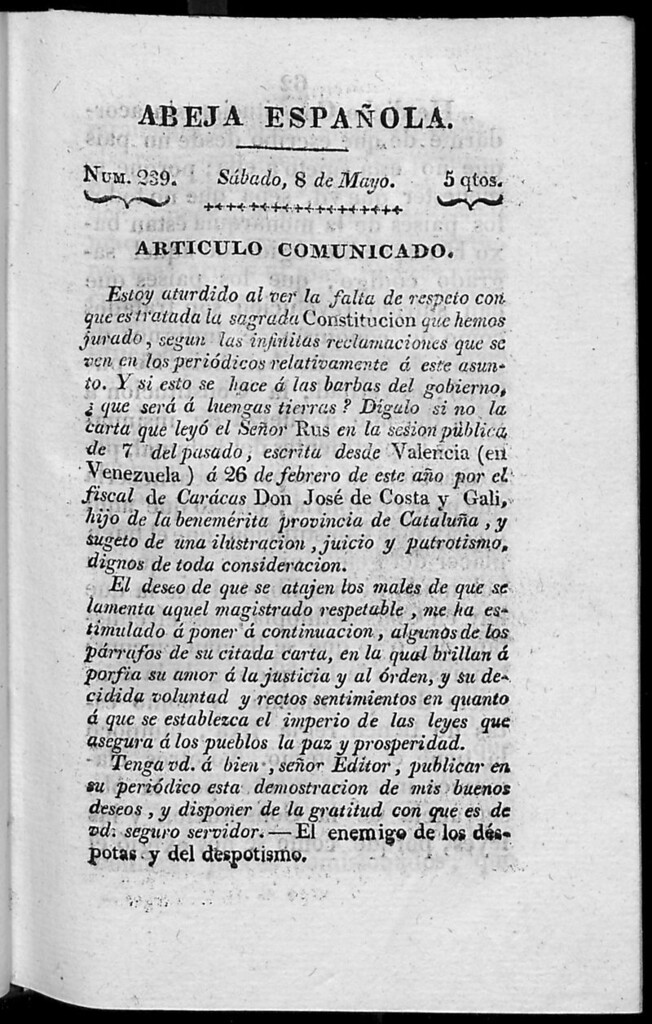 Miniatura de Abeja Española del sábado 8 de mayo de 1813
