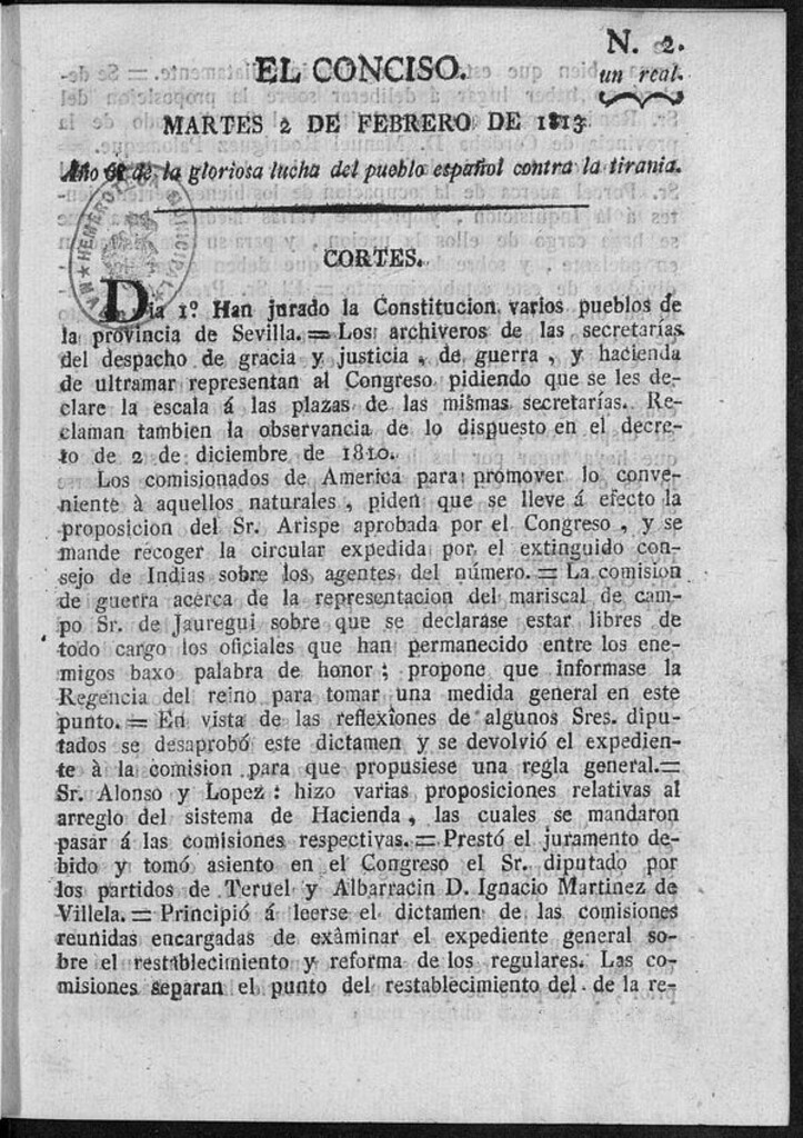 Miniatura de El Conciso del 2 de Febrero de 1813
