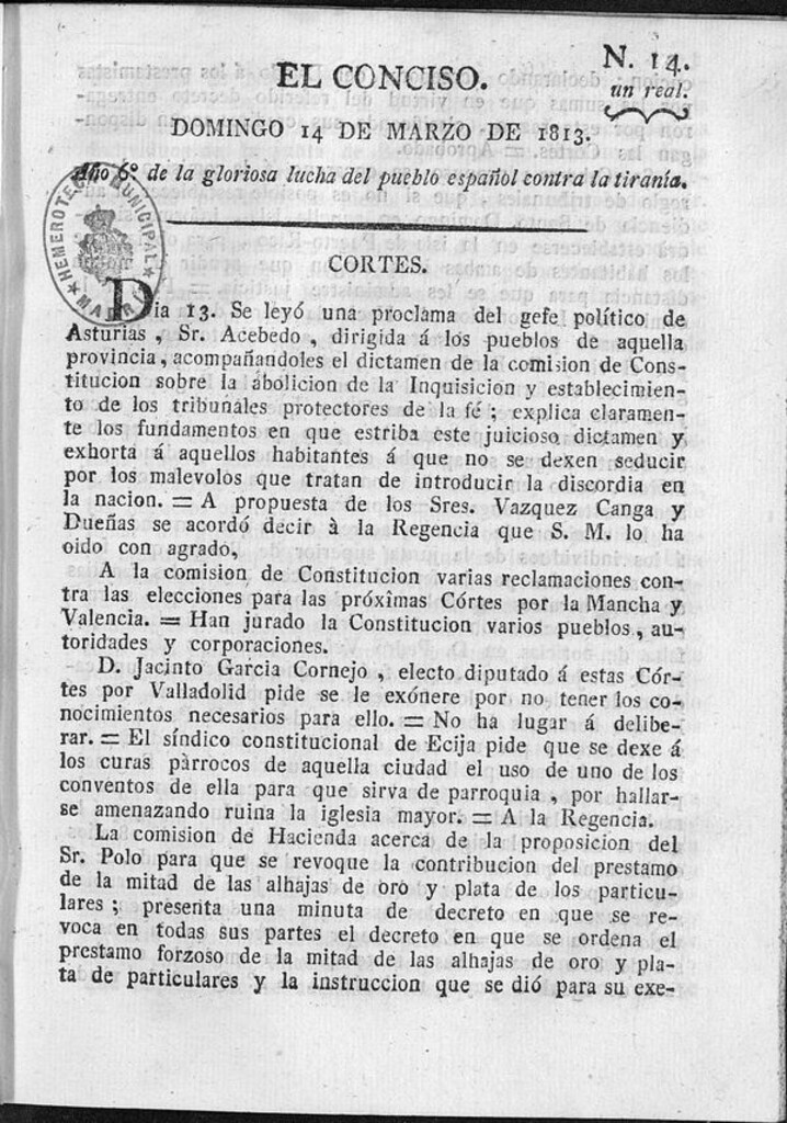 Miniatura de El Conciso del 14 de marzo de 1813