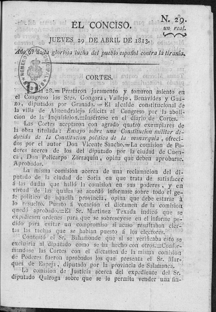 Miniatura de El Conciso del 29 de abril de 1813