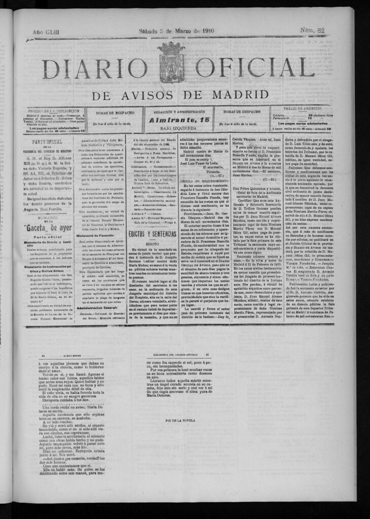 Miniatura de Diario Oficial de Avisos de Madrid del sábado 5 de marzo 1910