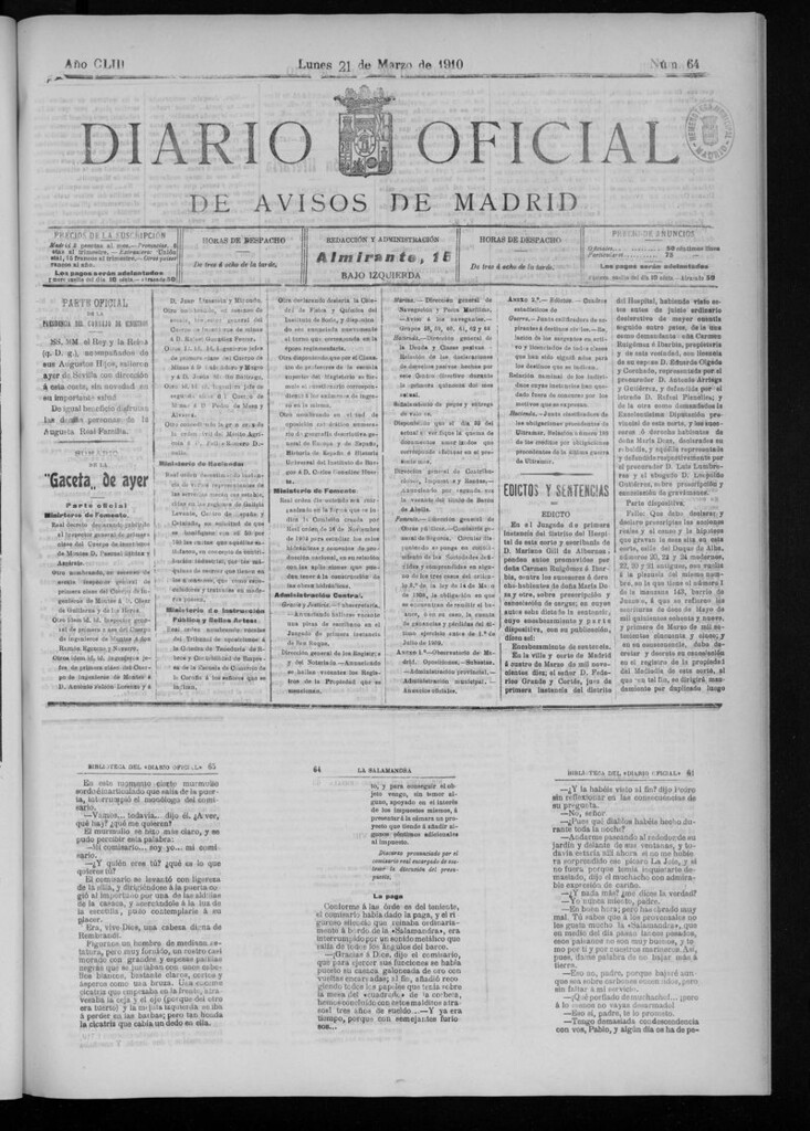 Miniatura de Diario Oficial de Avisos de Madrid del lunes 21 de marzo 1910