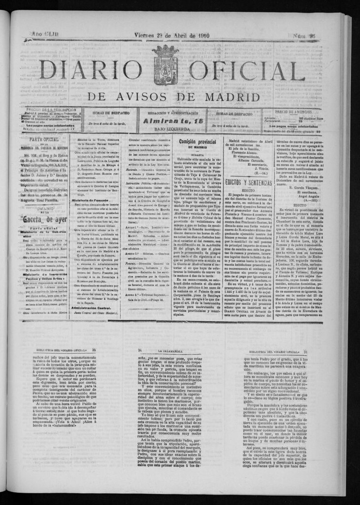 Miniatura de Diario Oficial de Avisos de Madrid del viernes 29 de abril de 1910