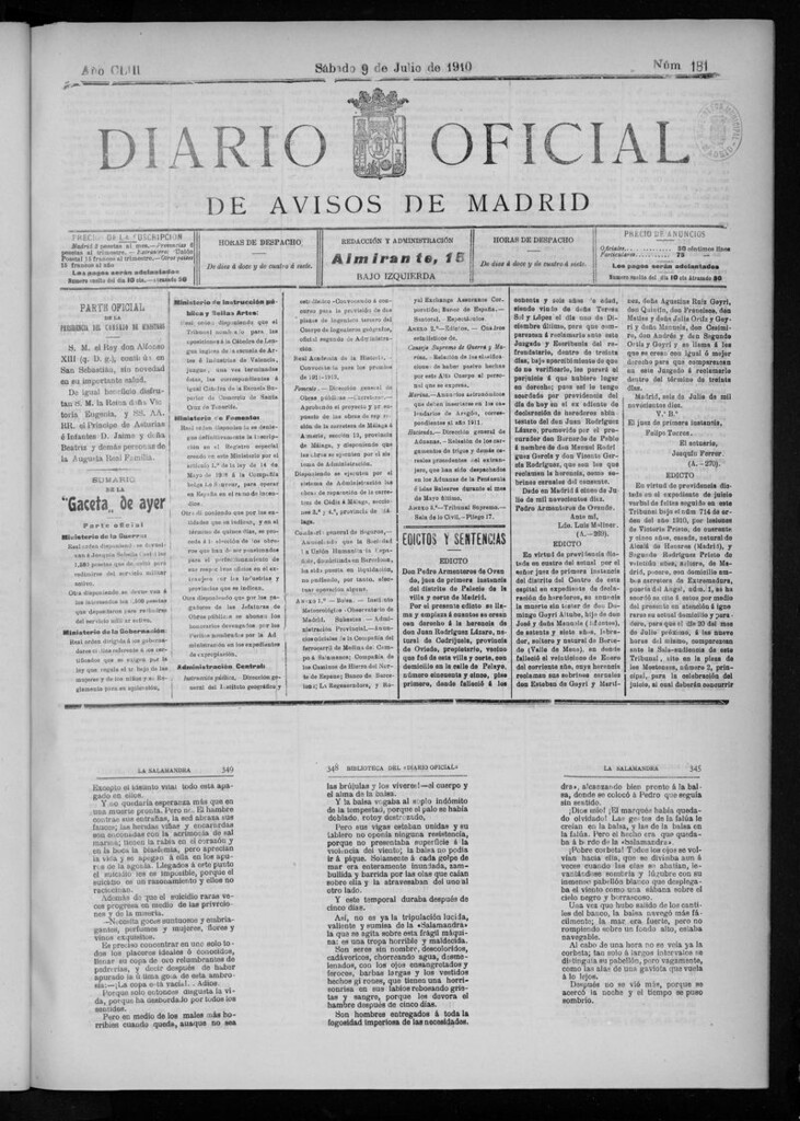 Miniatura de Diario Oficial de Avisos de Madrid del sabado 09 de julio de 1910