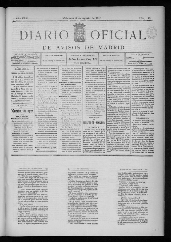 Miniatura de Diario Oficial de Avisos de Madrid del miércoles 3 de agosto de 1910