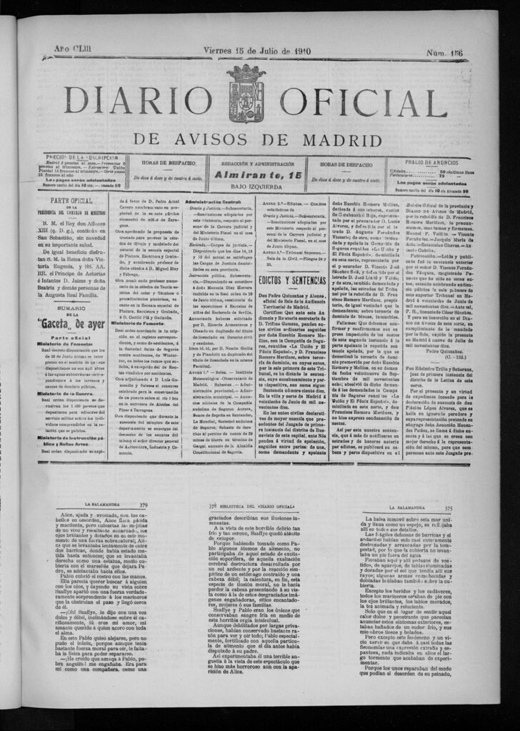 Miniatura de Diario Oficial de Avisos de Madrid del viernes 15 de julio de 1910