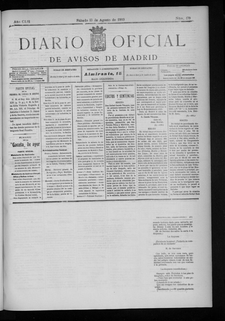 Miniatura de Diario Oficial de Avisos de Madrid del sábado 13 de agosto de 1910