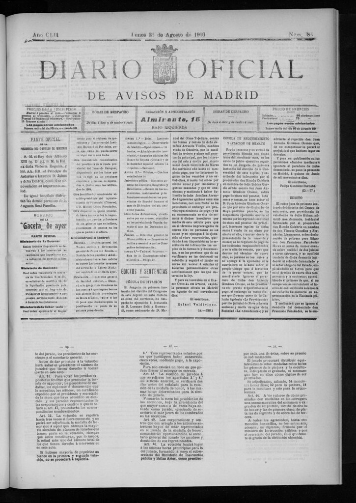 Miniatura de Diario Oficial de Avisos de Madrid del lunes 22 de agosto de 1910