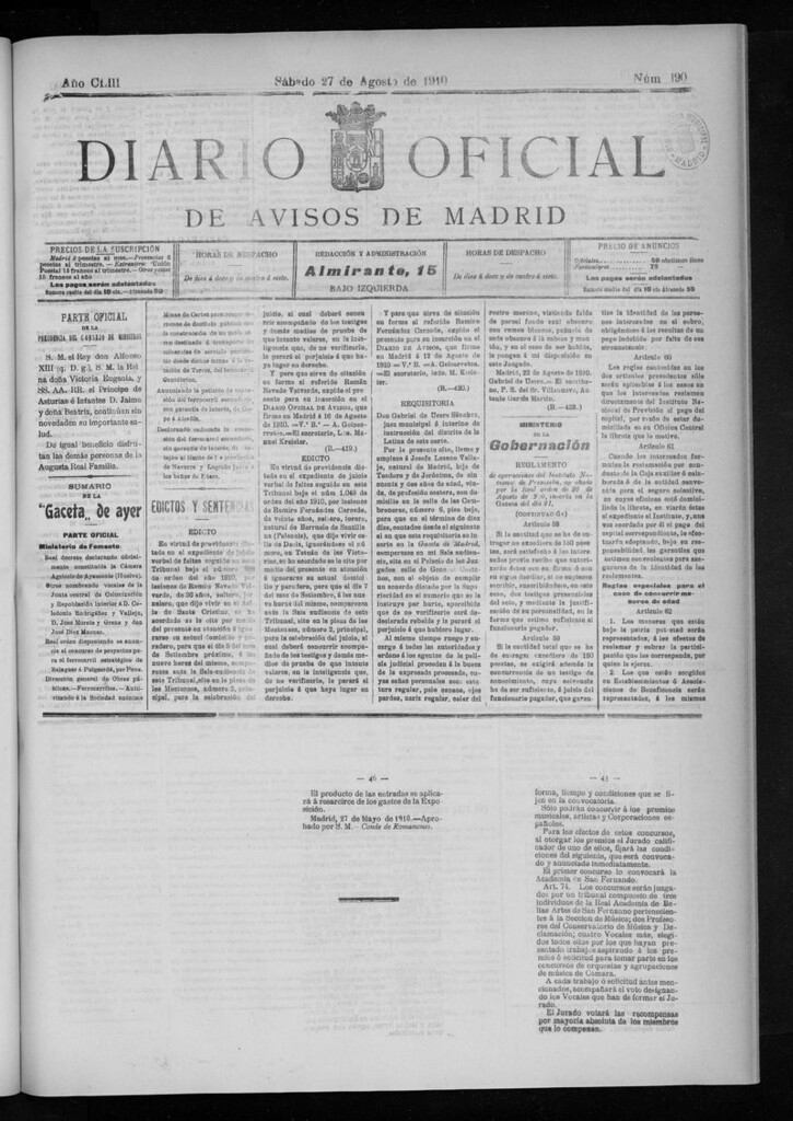 Miniatura de Diario Oficial de Avisos de Madrid del sábado 27 de agosto de 1910