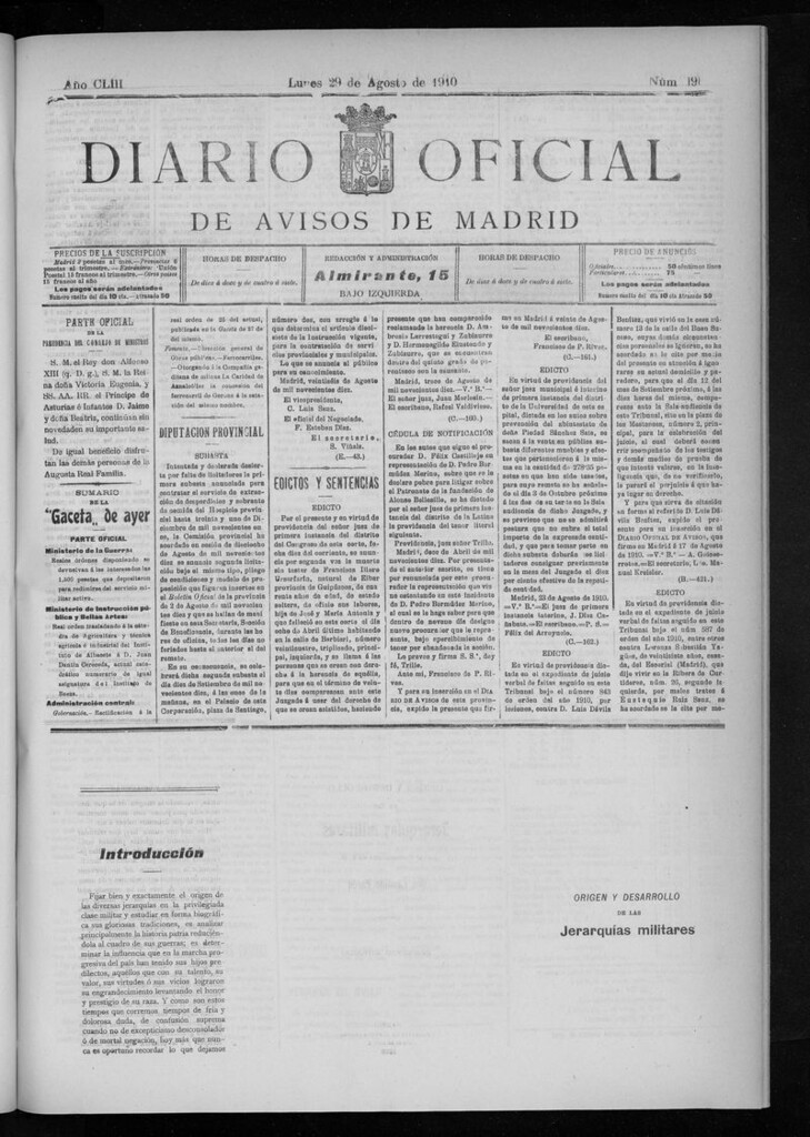 Miniatura de Diario Oficial de Avisos de Madrid del lunes 29 de agosto de 1910
