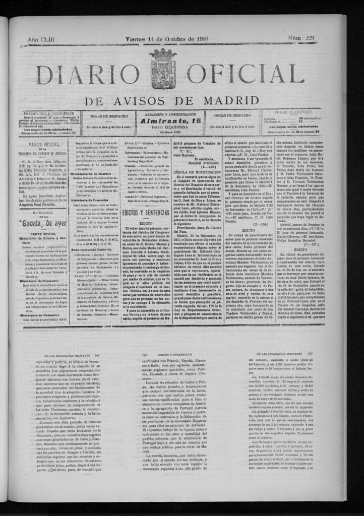 Miniatura de Diario Oficial de Avisos de Madrid del viernes 14 de octubre de 1910