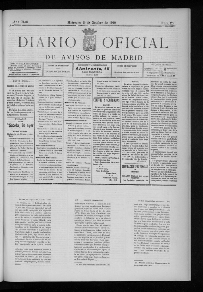 Miniatura de Diario Oficial de Avisos de Madrid del miércoles 19 de octubre de 1910