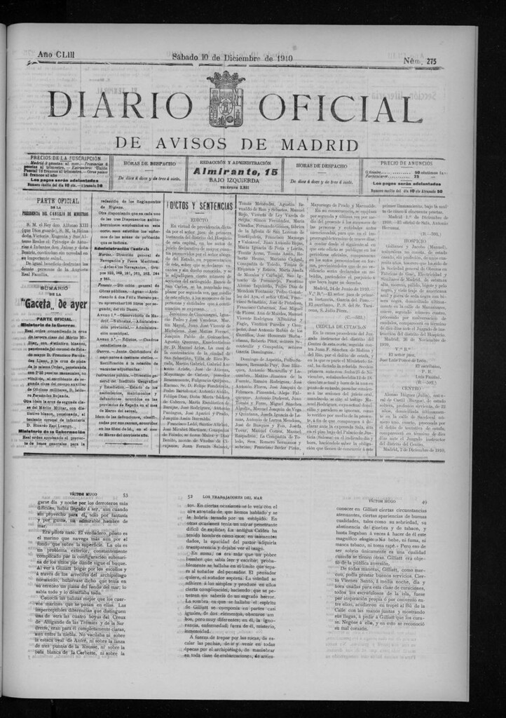 Miniatura de Diario Oficial de Avisos de Madrid del sábado 10 de diciembre de 1910