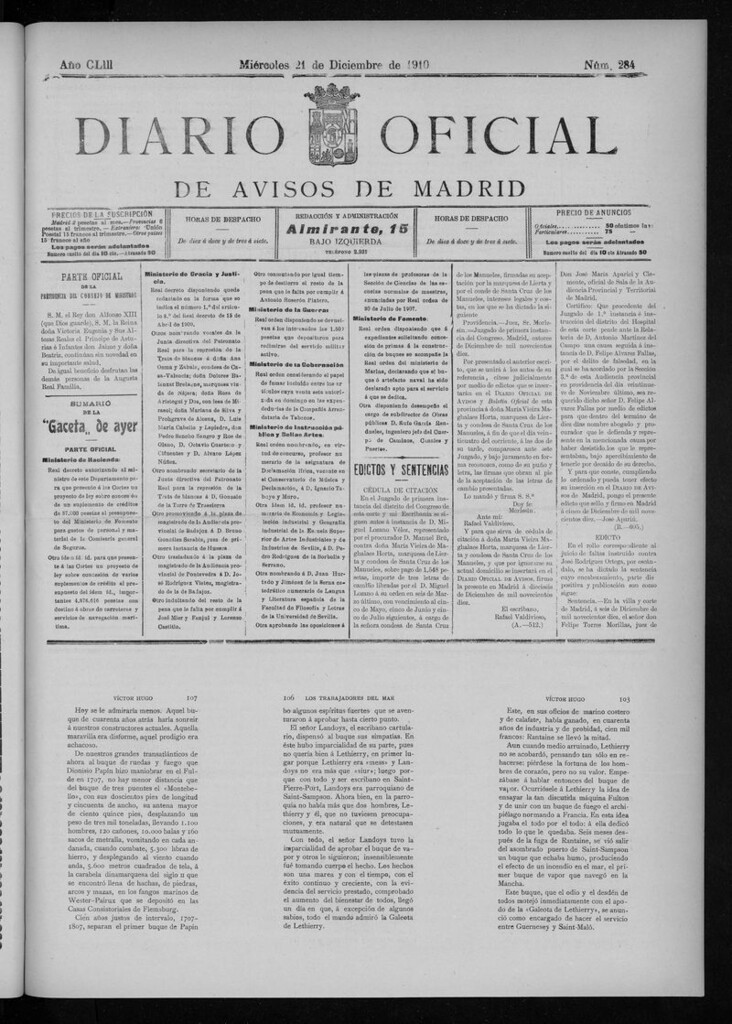 Miniatura de Diario Oficial de Avisos de Madrid del miércoles 21 de diciembre de 1910