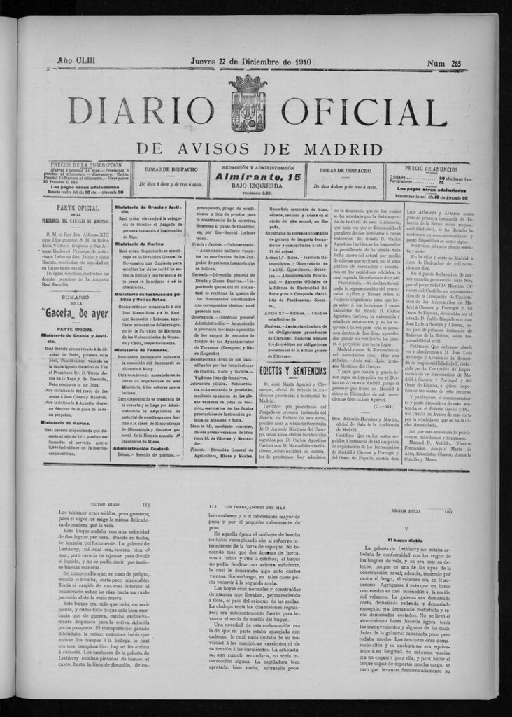 Miniatura de Diario Oficial de Avisos de Madrid del jueves 22 de diciembre de 1910