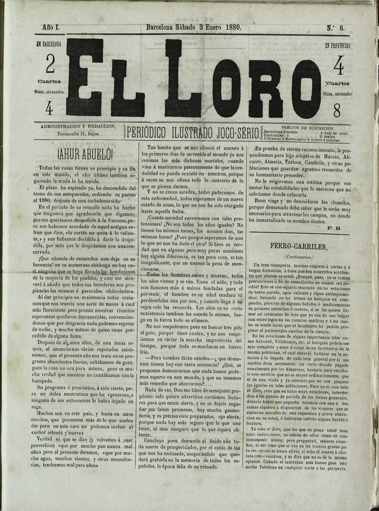 Miniatura de El Loro: periódico ilustrado joco-serio. Sábado 3 de enero de 1880