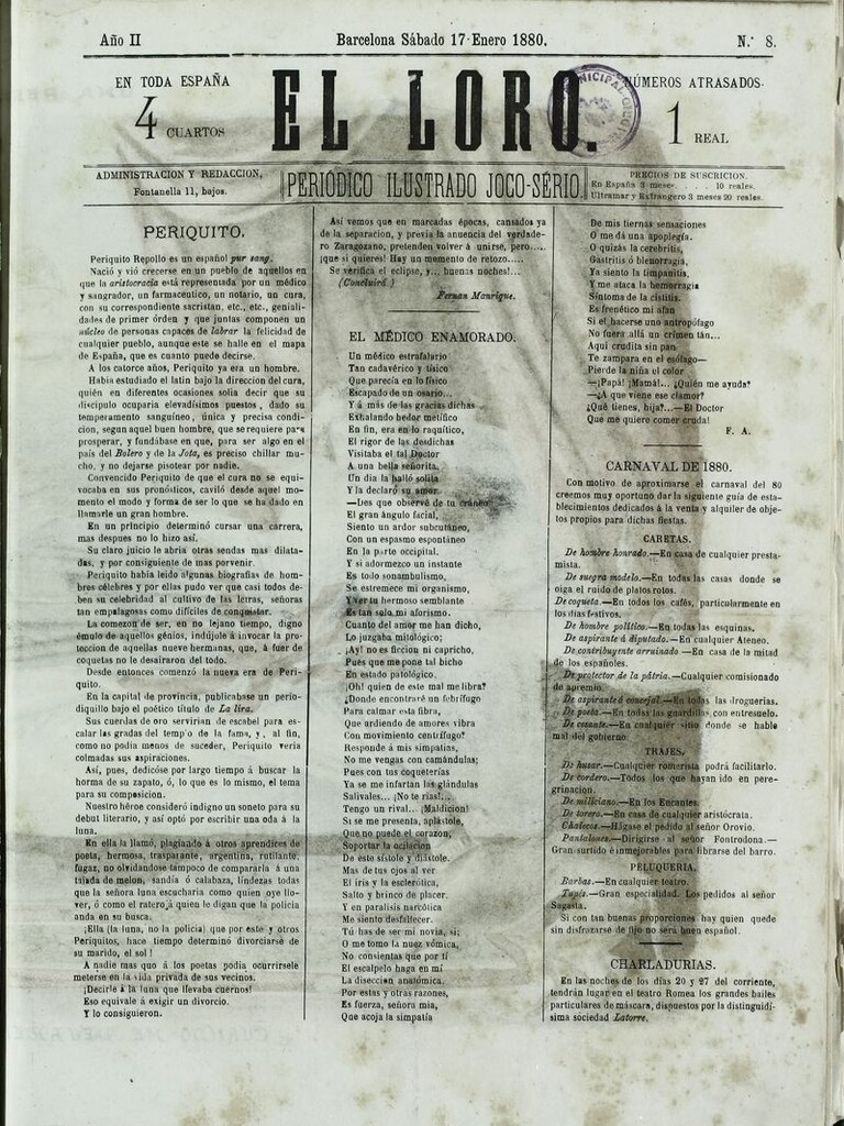 Miniatura de El Loro: periódico ilustrado joco-serio. Sábado 17 de enero de 1880