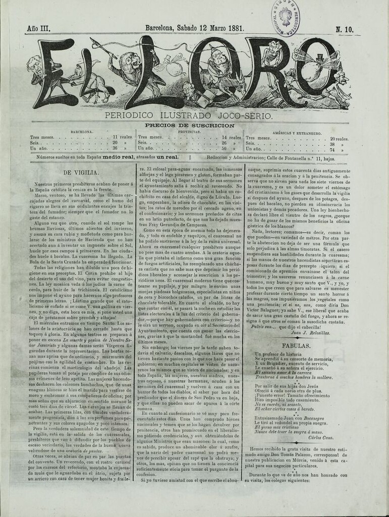 Miniatura de El Loro: periódico ilustrado joco-serio. Sábado 12 de marzo de 1881