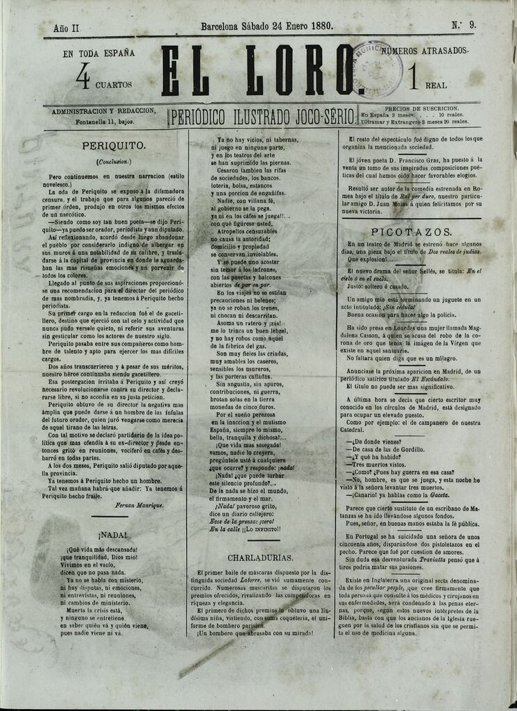 Miniatura de El Loro: periódico ilustrado joco-serio. Sábado 24 de enero de 1880
