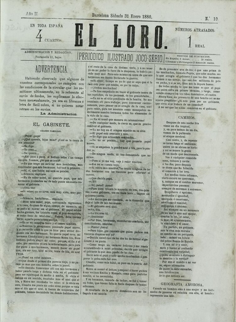 Miniatura de El Loro: periódico ilustrado joco-serio. Sábado 31 de enero de 1880
