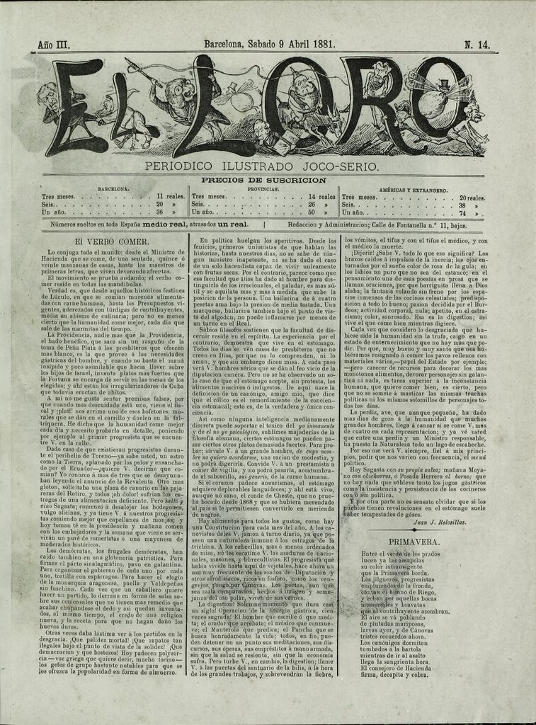 Miniatura de El Loro: periódico ilustrado joco-serio. Sábado 9 de abril de 1881