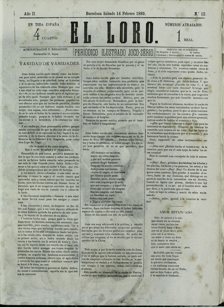 Miniatura de El Loro: periódico ilustrado joco-serio. Sábado 14 de febrero de 1880